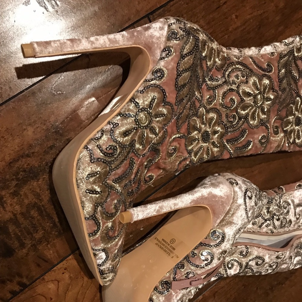 Pink Velvet Embroidered Silver Sequined Boots